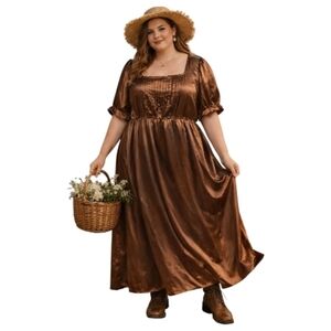 Elegant Brown Satin pintuck short sleeve plus size maxi Dress 2xl